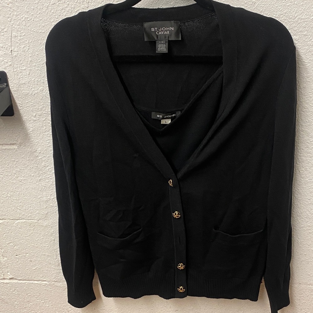 St. John - Black Cardigan & Cami knit set-with Gold Buttons - Picture 2 of 11